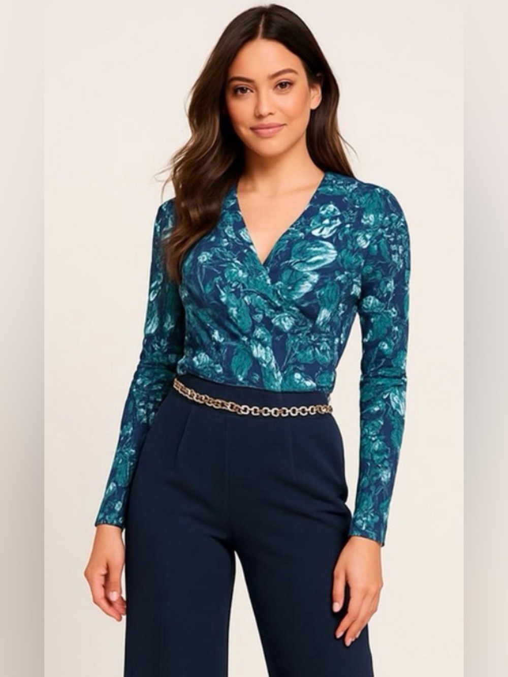 Alfani Floral V-Neck Abstract Print Blouse, Navy Blue, Green, Size L